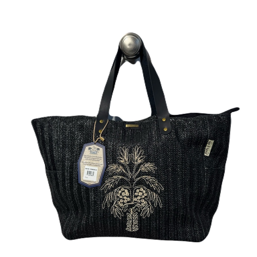 Boho Spring Break Ready Black Tote with Embroidered Palm Tree Design
